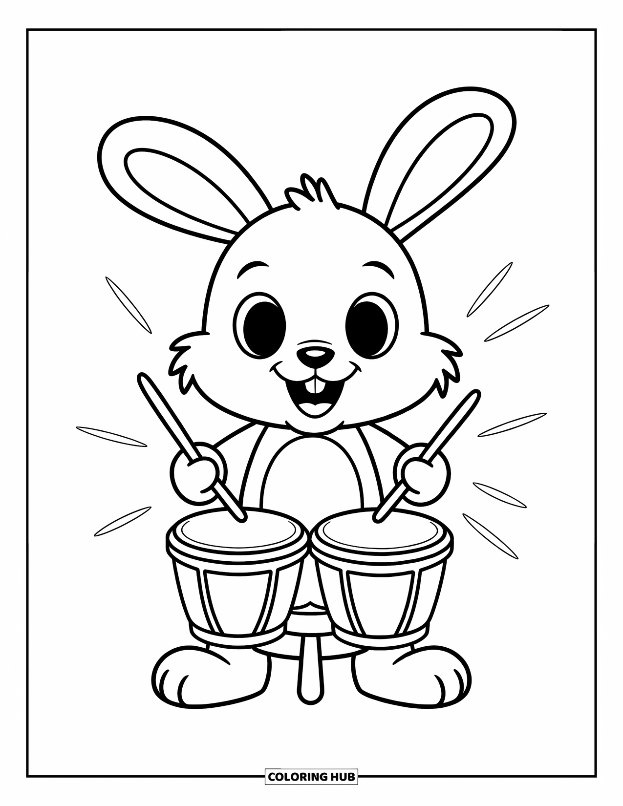Desenho de Música para Colorir para Crianças: Coelhinho brincalhão bate bongôs enquanto linhas de música giram com energia