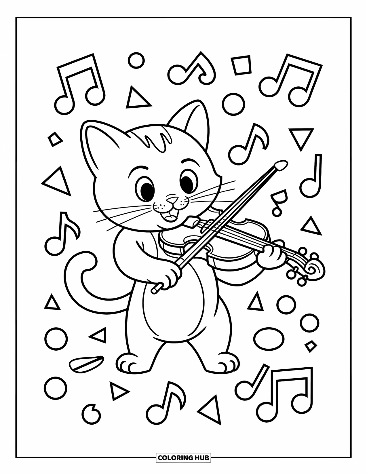 Desenho de Música para Colorir para Crianças: Gato brincalhão se enrola em um violino, cercado por notas e formas divertidas
