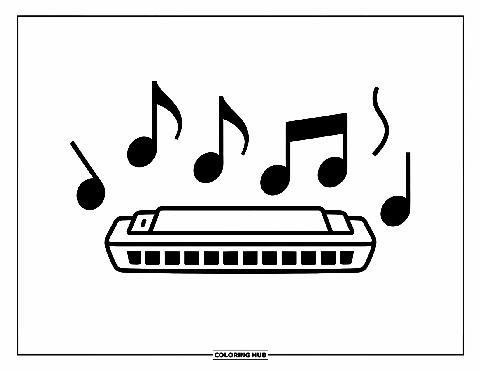 Desenho de Música para Colorir para Crianças: Gaita divertida com notas flutuando acima em um design leve e alegre