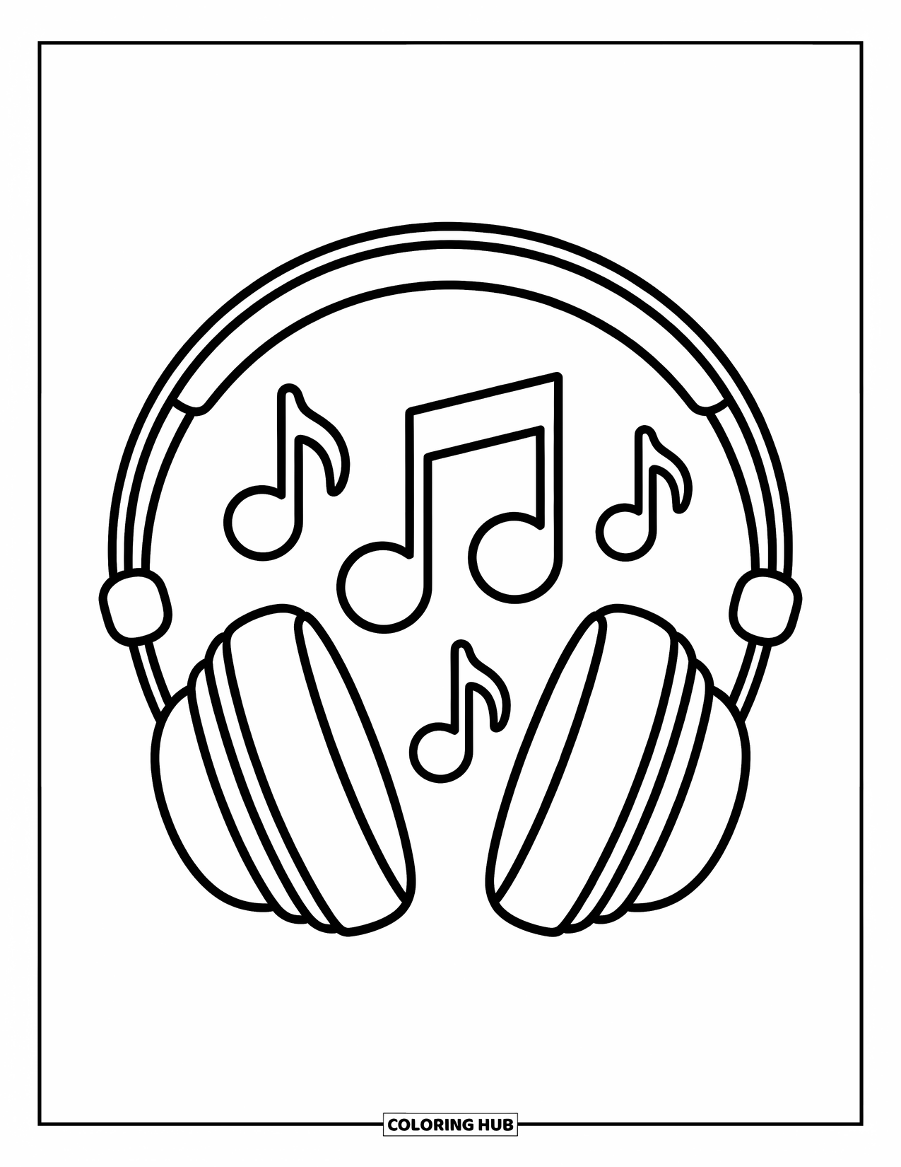 Desenho de Música para Colorir para Crianças: Fones de ouvido divertidos com notas musicais e formas simples e felizes
