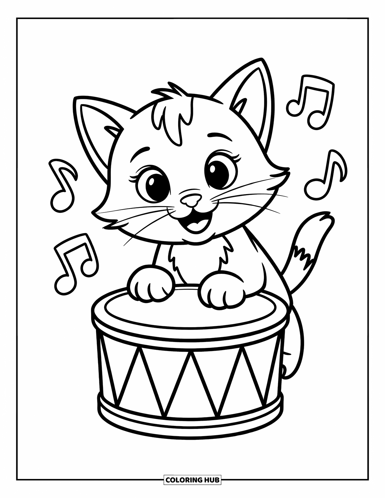 Desenho de Música para Colorir para Crianças: Gatinho brincalhão sentado ao lado de um tambor com notas flutuando por perto