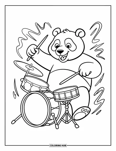 Musiikkivärityskuva lapsille: Leikkisä panda lyö rumpuja ja symbaaleja innostuneesti ja ilmeikkäästi