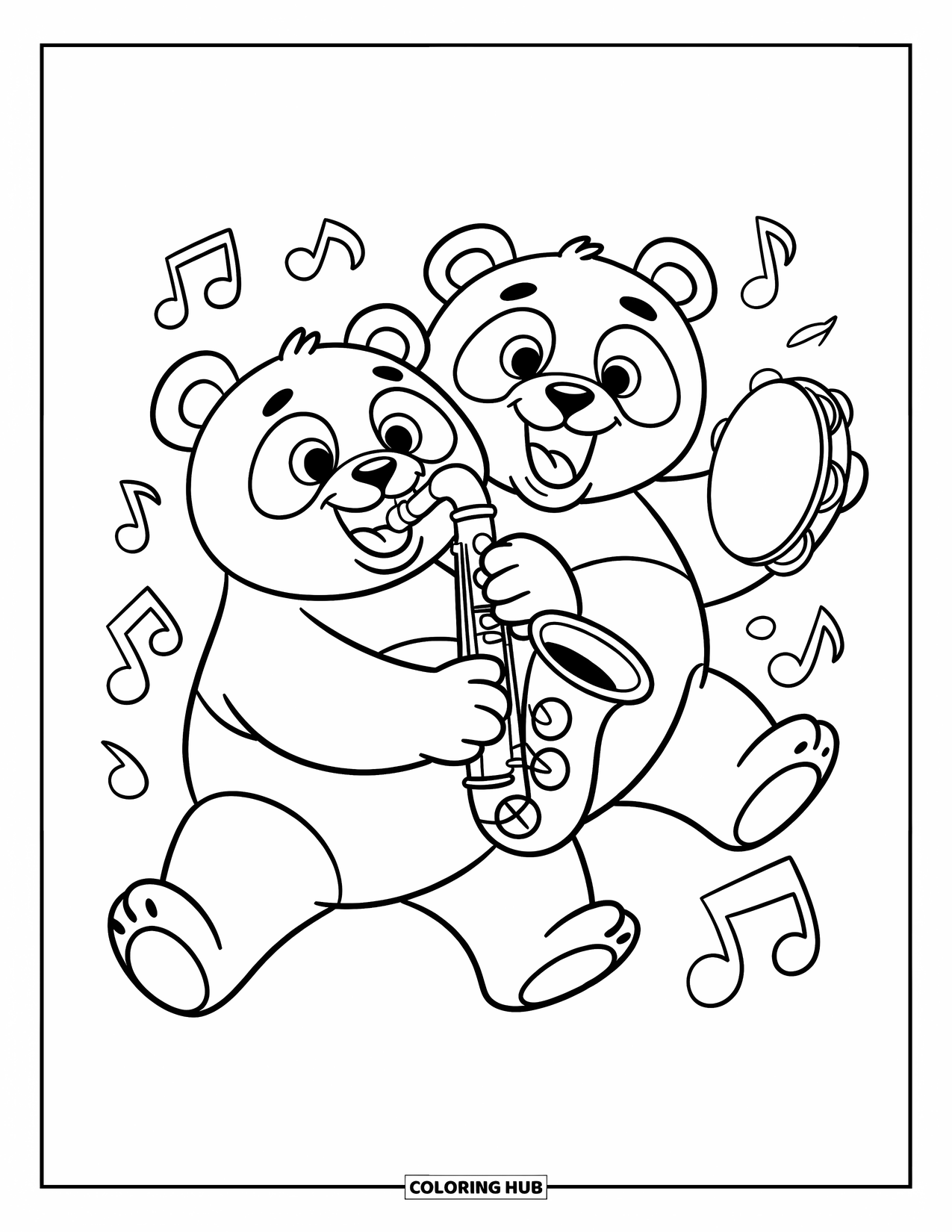 Desenho de Música para Colorir para Crianças: Pandas brincalhões fazem música com um saxofone e pandeiro, cercados por notas