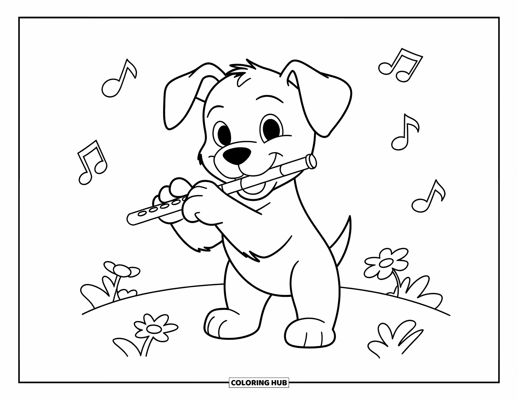 Desenho de Música para Colorir para Crianças: Cachorrinho brincalhão segura uma pequena flauta com notas e flores por toda parte