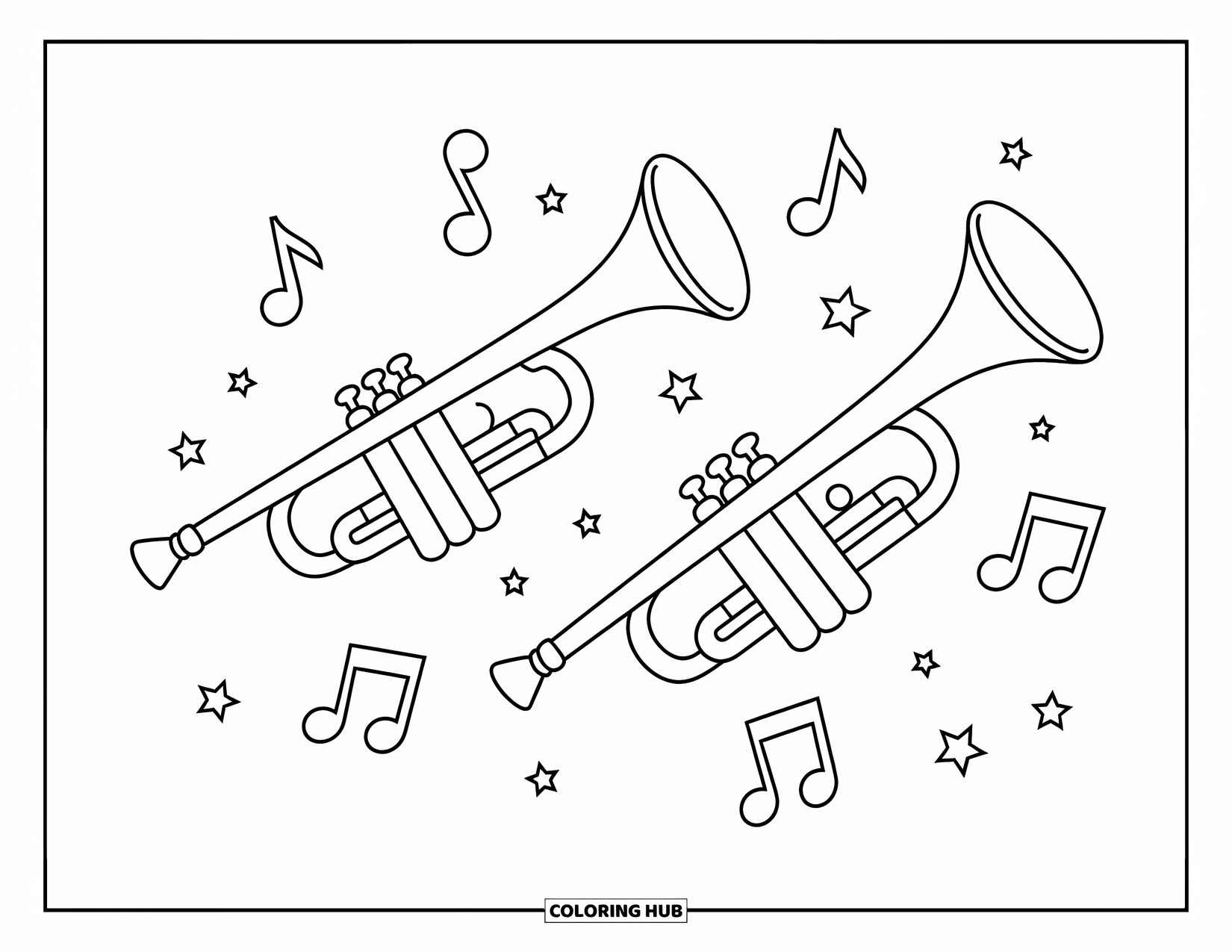 Desenho de Música para Colorir para Crianças: Trompetes lado a lado cercados por notas extravagantes e pequenas estrelas