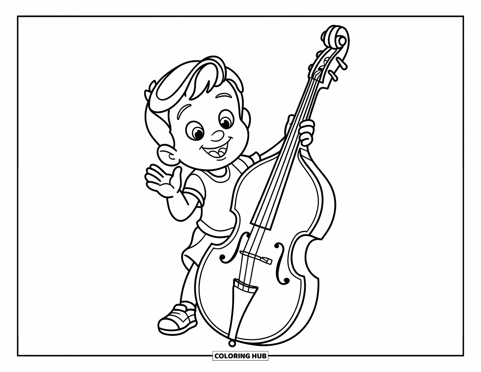 Desenho de Música para Colorir para Crianças: Criança sorridente fica ao lado de um baixo alto com um layout divertido e simples