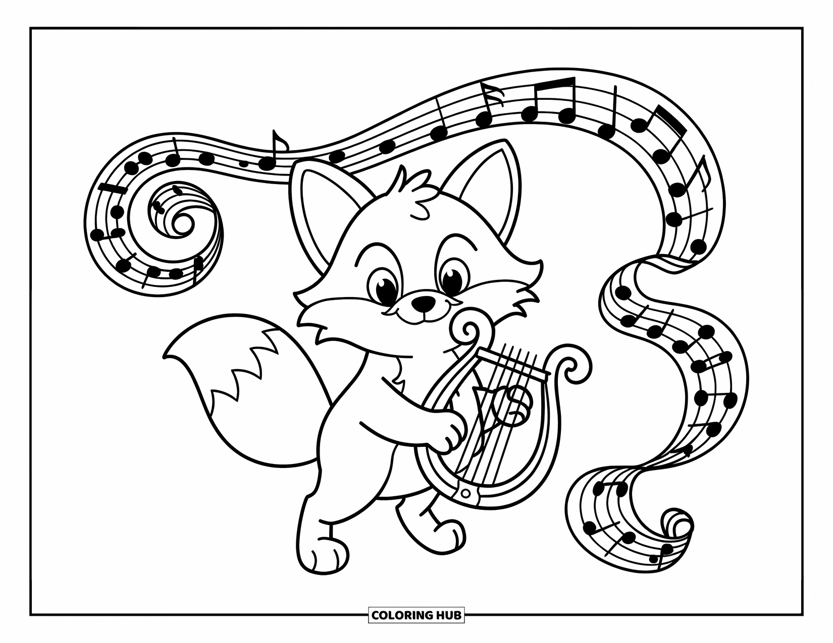 Desenho de Música para Colorir para Crianças: Raposa sorridente com uma lira e notas musicais rodopiantes por toda parte