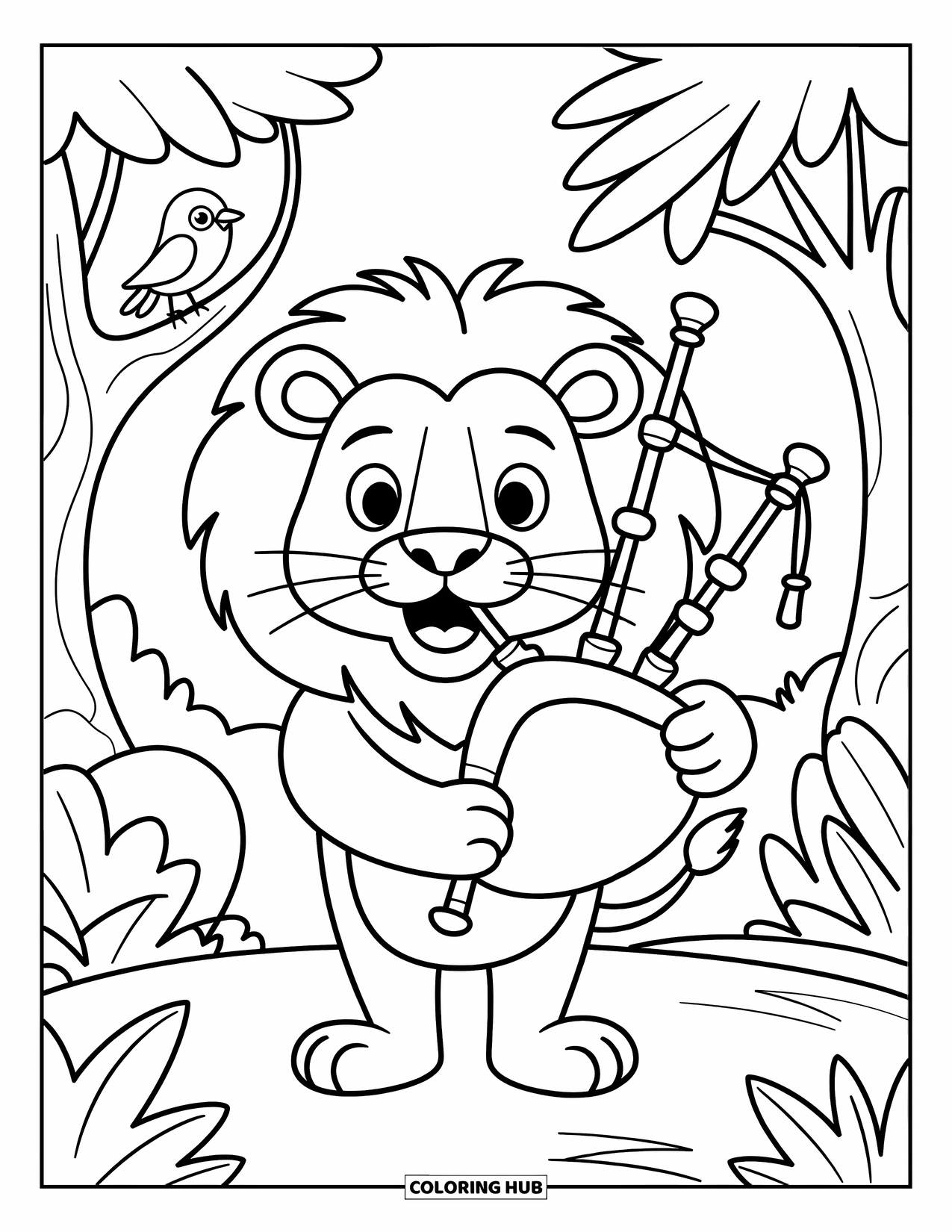 Desenho de Música para Colorir para Crianças: Leão sorridente toca gaita de foles na selva com árvores e um pequeno pássaro por perto