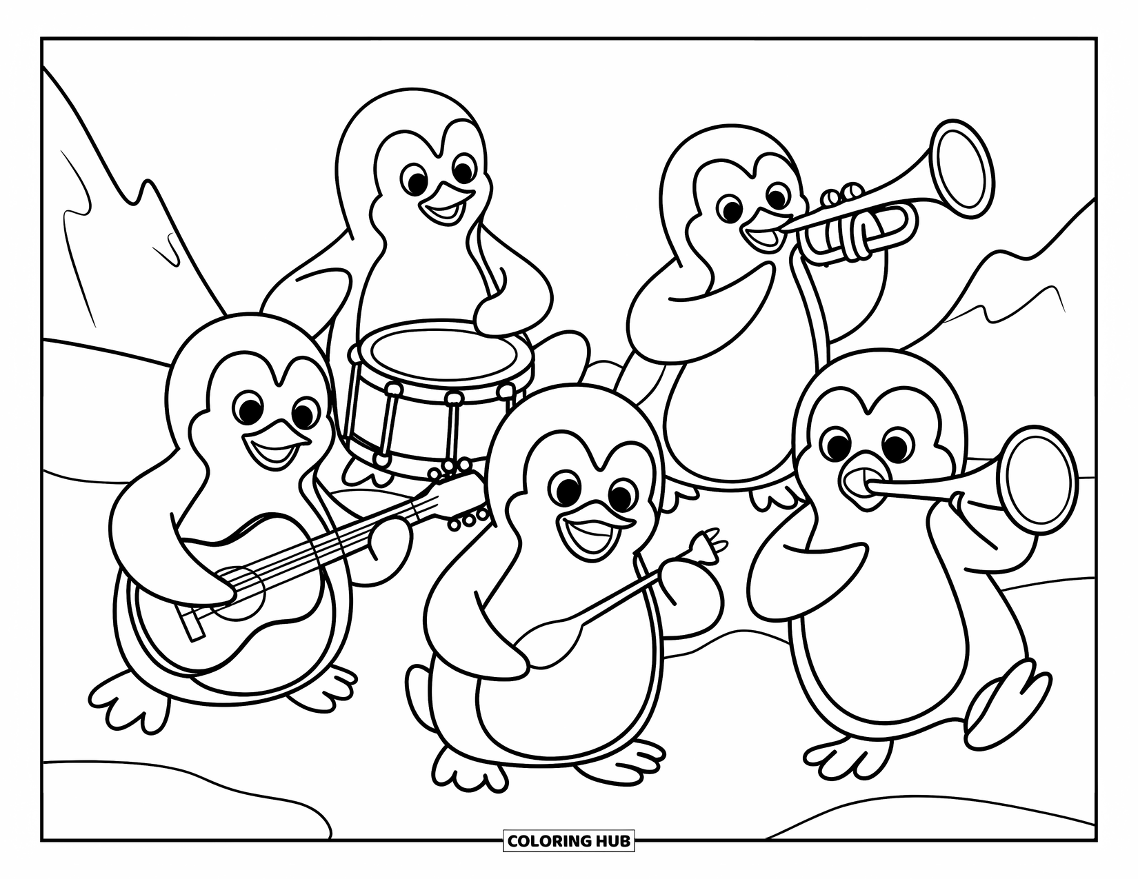 Desenho de Música para Colorir para Crianças: Pinguins sorridentes fazem música na neve com bateria, guitarra e trompete