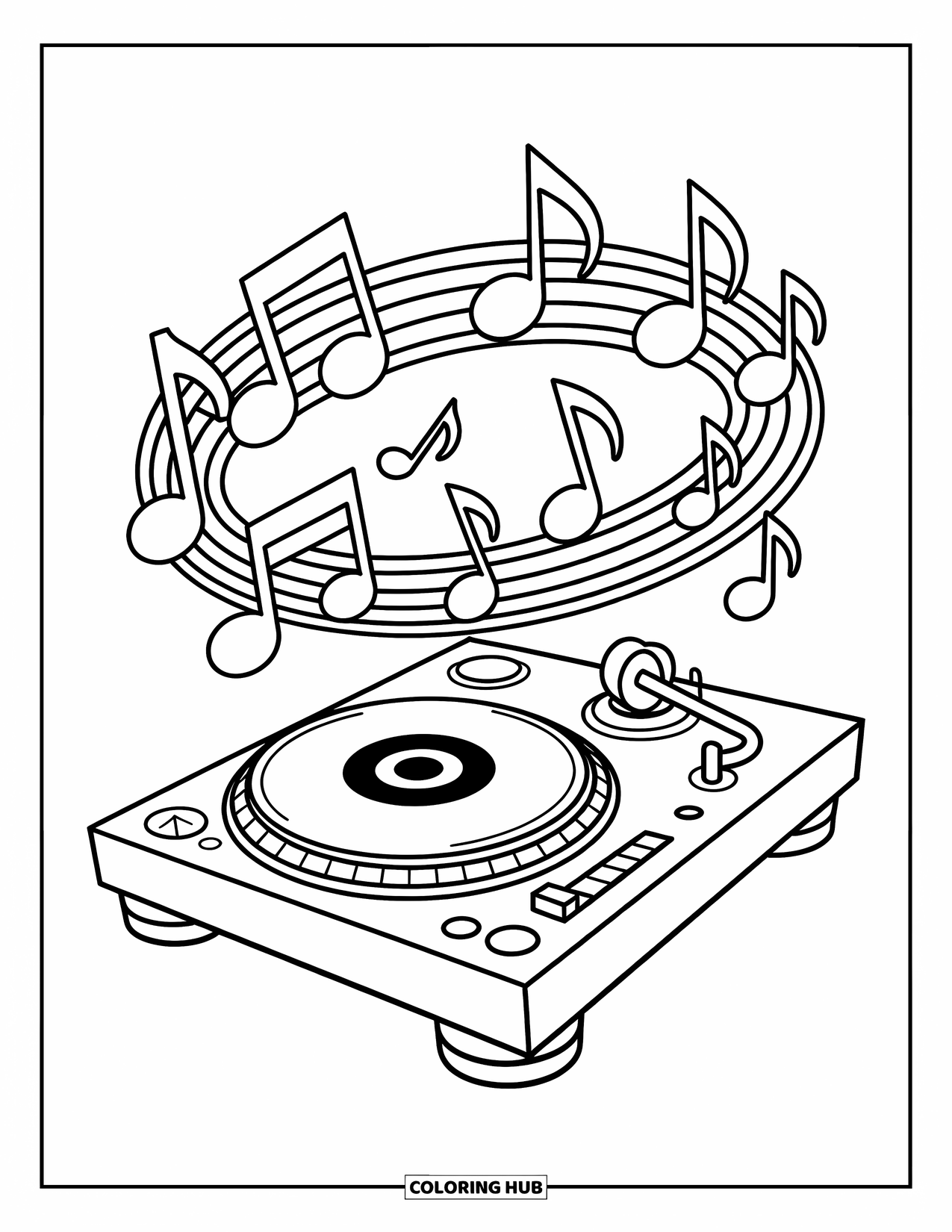 Desenho de Música para Colorir para Crianças: Notas musicais giratórias orbitam uma mesa de DJ em um design animado