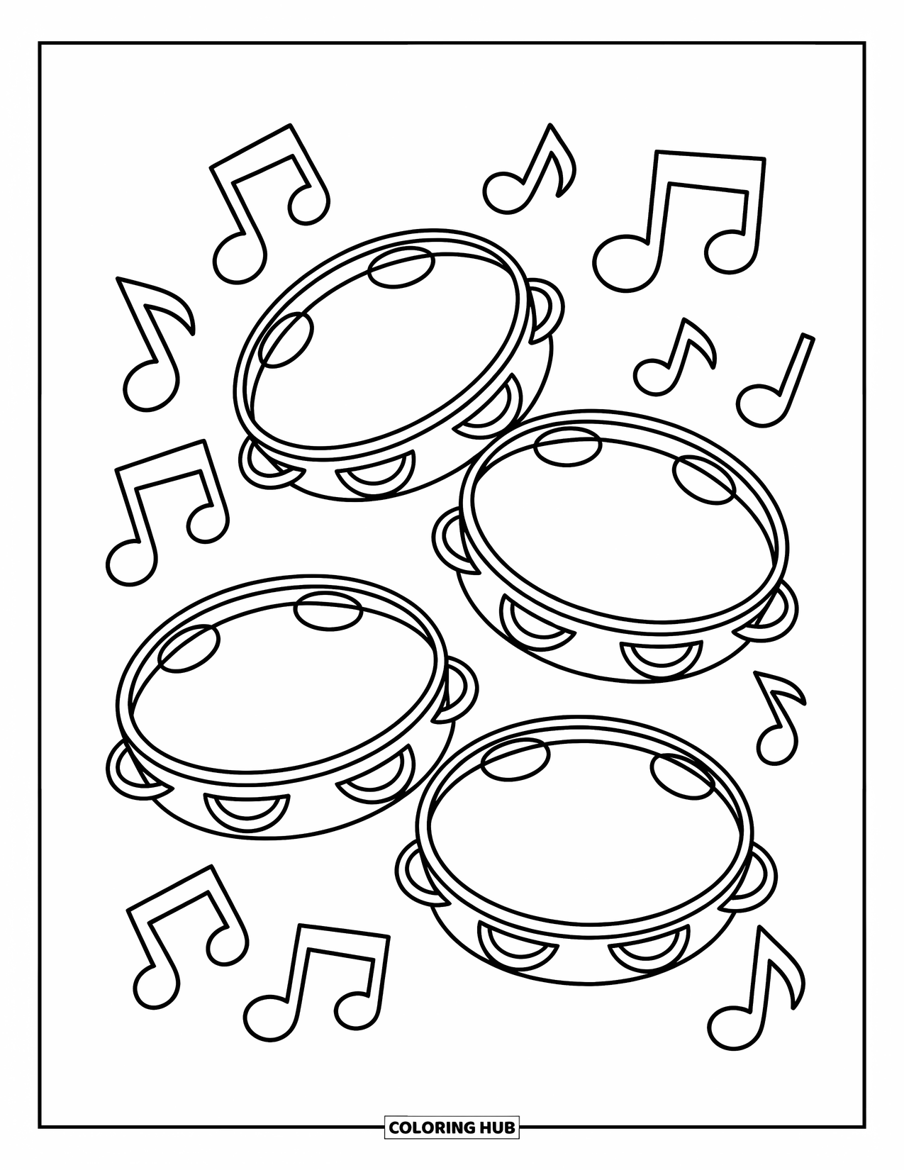 Desenho de Música para Colorir para Crianças: Pandeiros e notas flutuantes dispostos em uma cena musical feliz