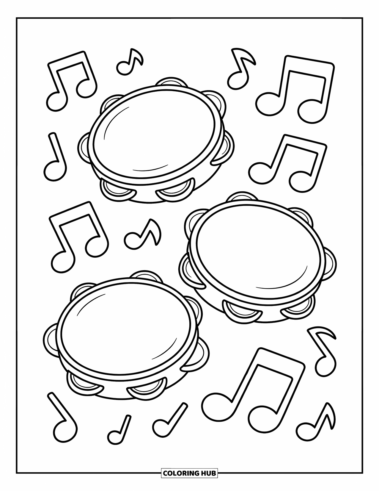 Desenho de Música para Colorir para Crianças: Três pandeiros com notas musicais espalhadas de forma divertida ao redor deles