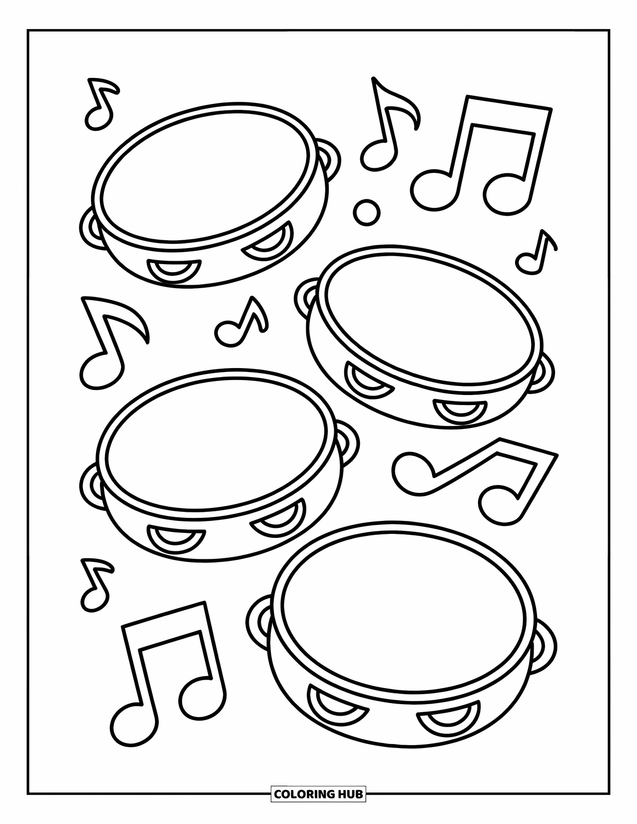 Desenho de Música para Colorir para Crianças: Três pandeiros com notas espalhadas e formas fáceis e divertidas de preencher