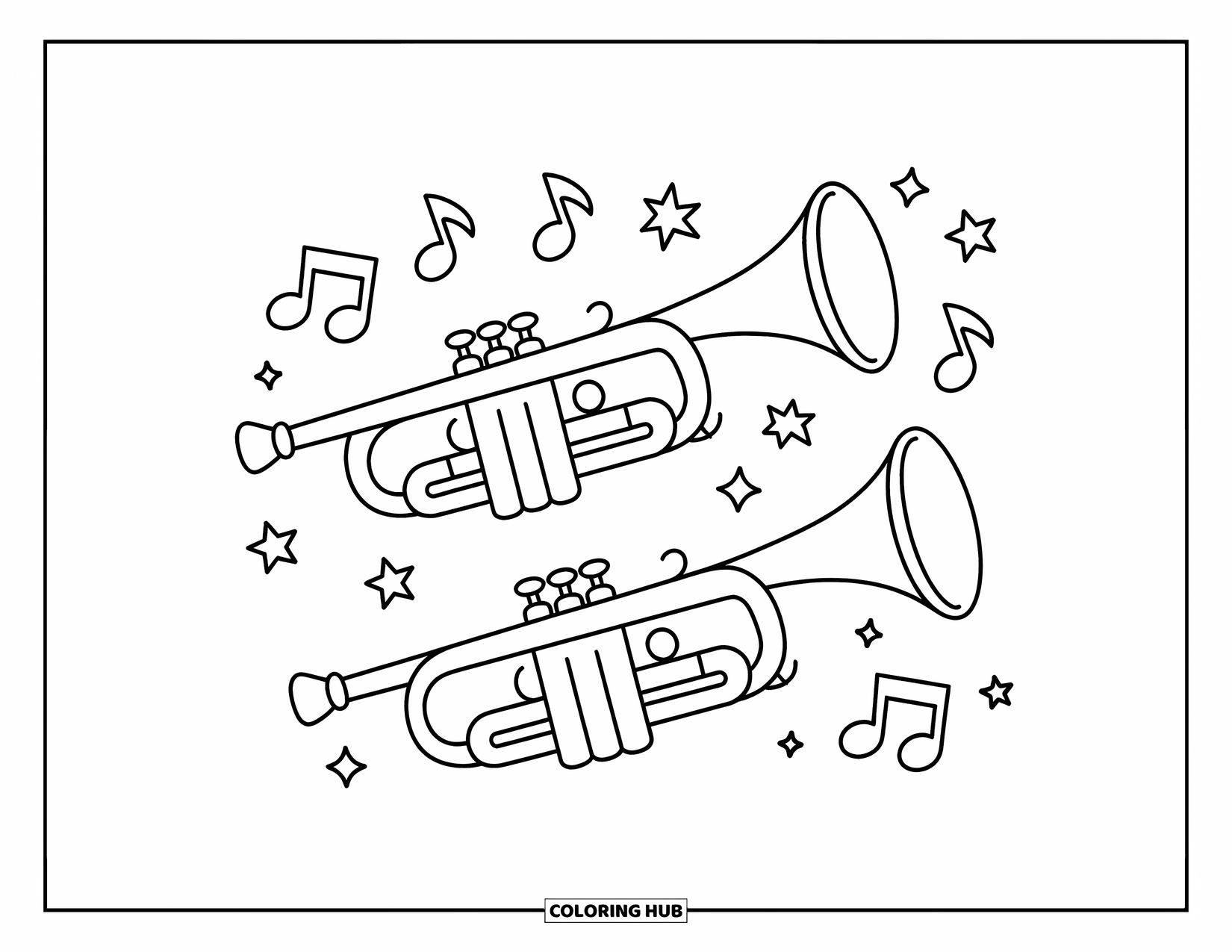 Desenho de Música para Colorir para Crianças: Trompetes com notas rodopiantes e estrelas criando uma cena musical divertida