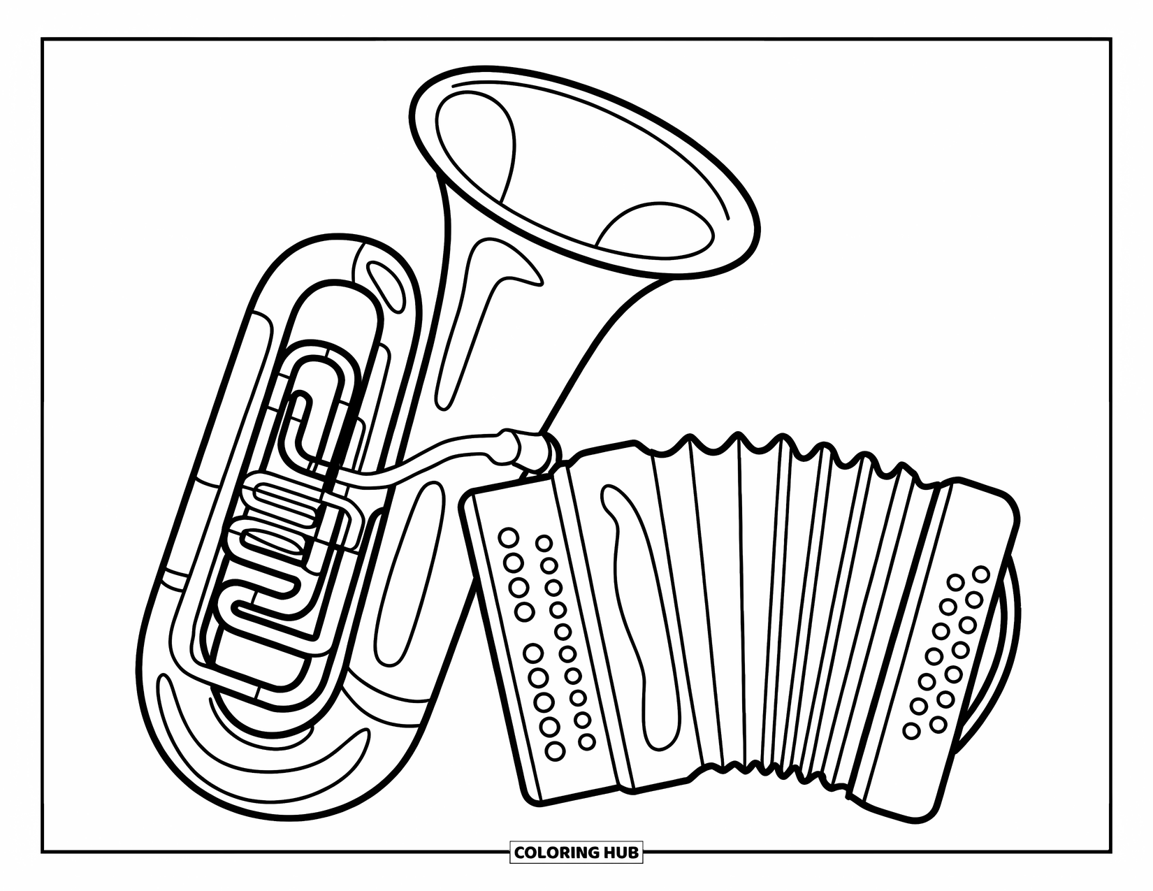 Desenho de Música para Colorir para Crianças: Tuba e acordeão com formas ousadas e curvas divertidas, perfeitos para os pequenos