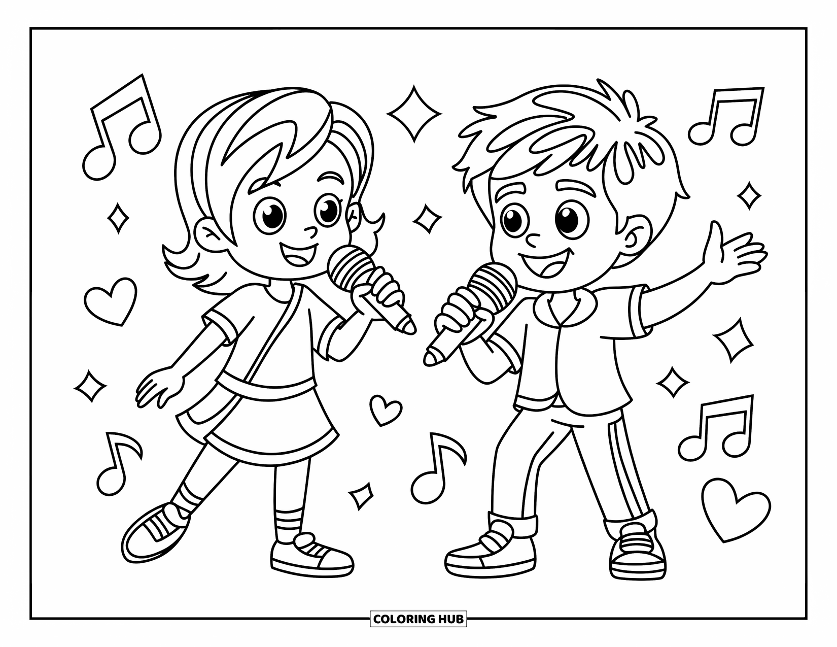Desenho de Música para Colorir para Crianças: Duas crianças se apresentam no palco com rostos expressivos, notas musicais e energia alegre