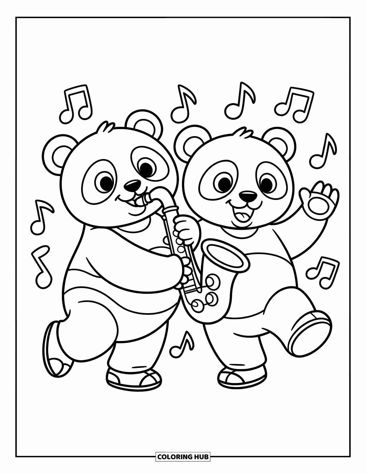 Desenho de Música para Colorir para Crianças: Dois pandas tocam saxofone com notas musicais flutuando em uma cena divertida e alegre