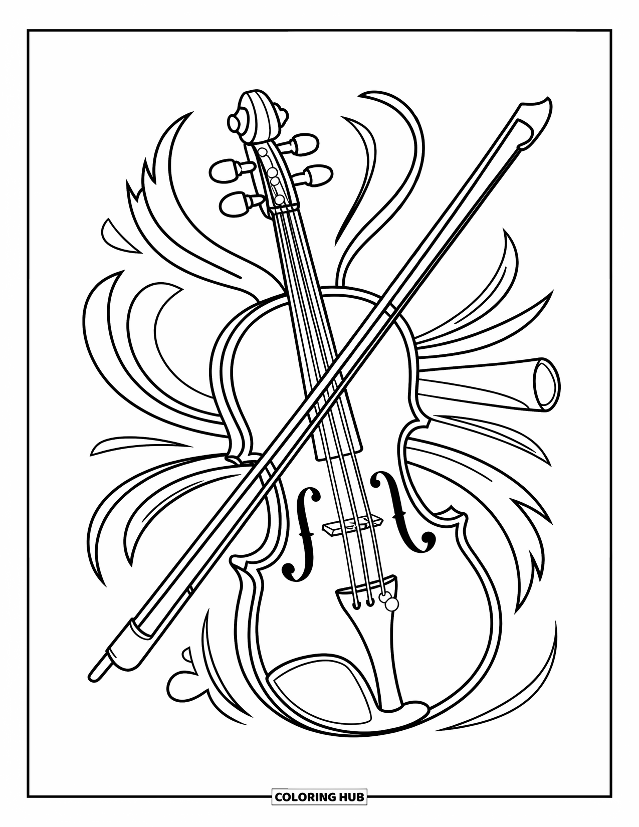 Desenho de Música para Colorir para Crianças: Violino e arco cruzados com padrões rodopiantes e acentos musicais