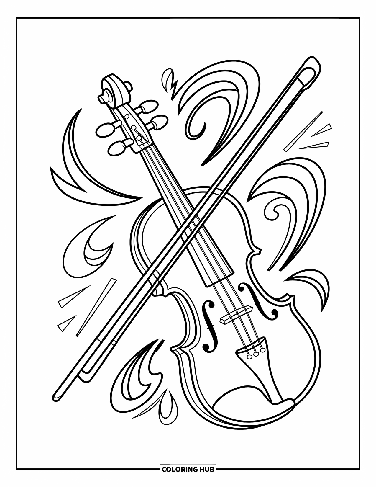 Desenho de Música para Colorir para Crianças: Violino e arco cercados por redemoinhos, notas e toques decorativos modernos