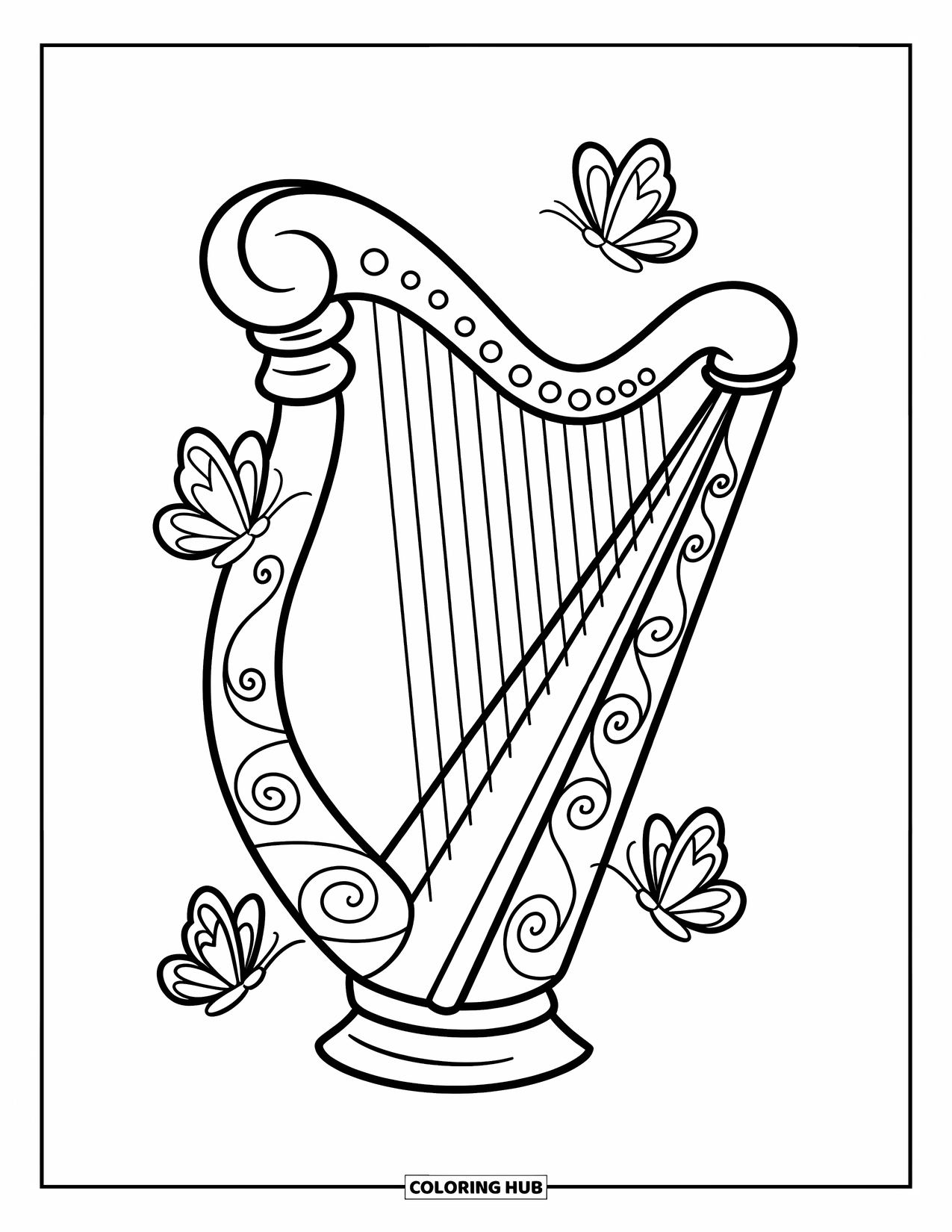 Desenho de Música para Colorir para Crianças: Harpa fantasiosa cercada por borboletas e padrões espirais curvilíneos