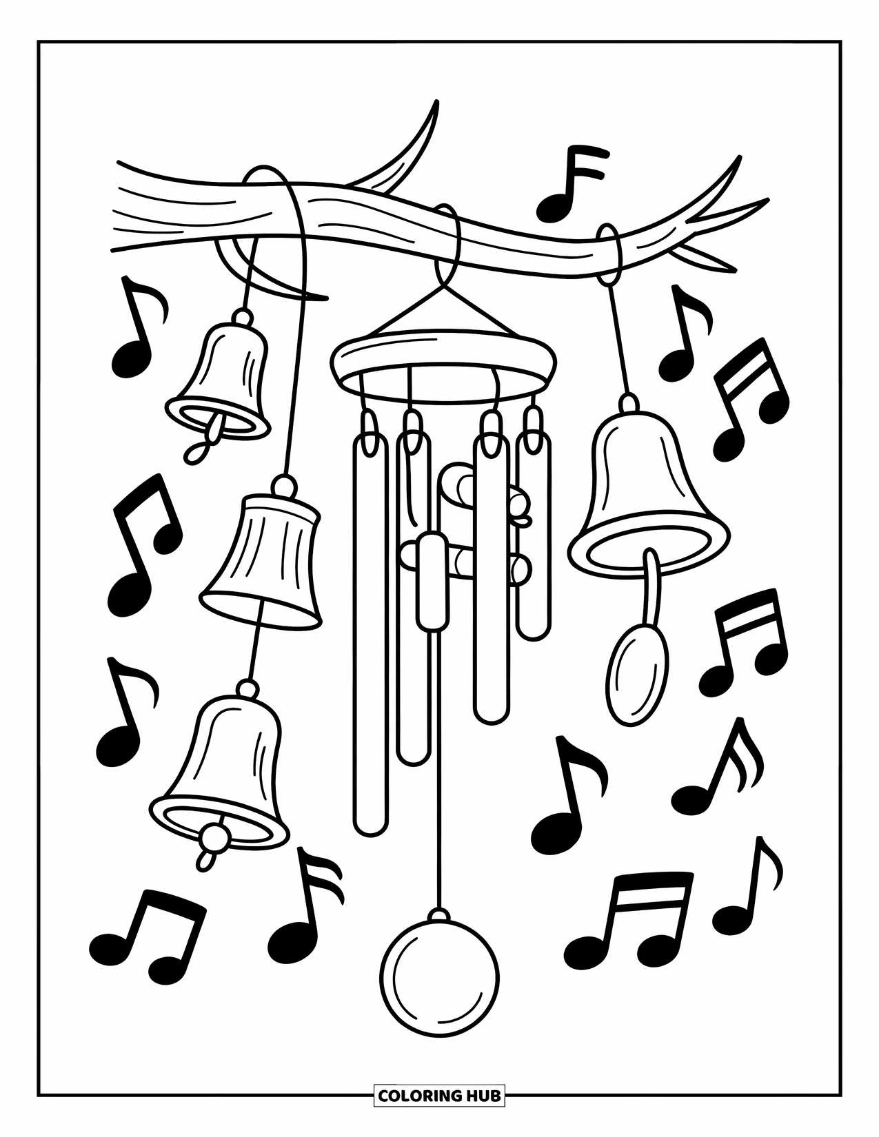 Desenho de Música para Colorir para Crianças: Sinos de vento pendurados em um galho com notas musicais caindo ao redor deles
