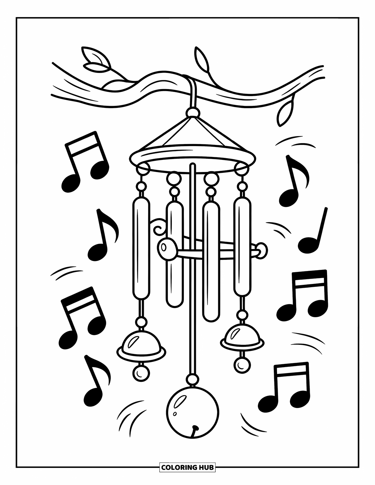 Desenho de Música para Colorir para Crianças: Sinos de vento em um galho com notas divertidas e detalhes decorativos simples