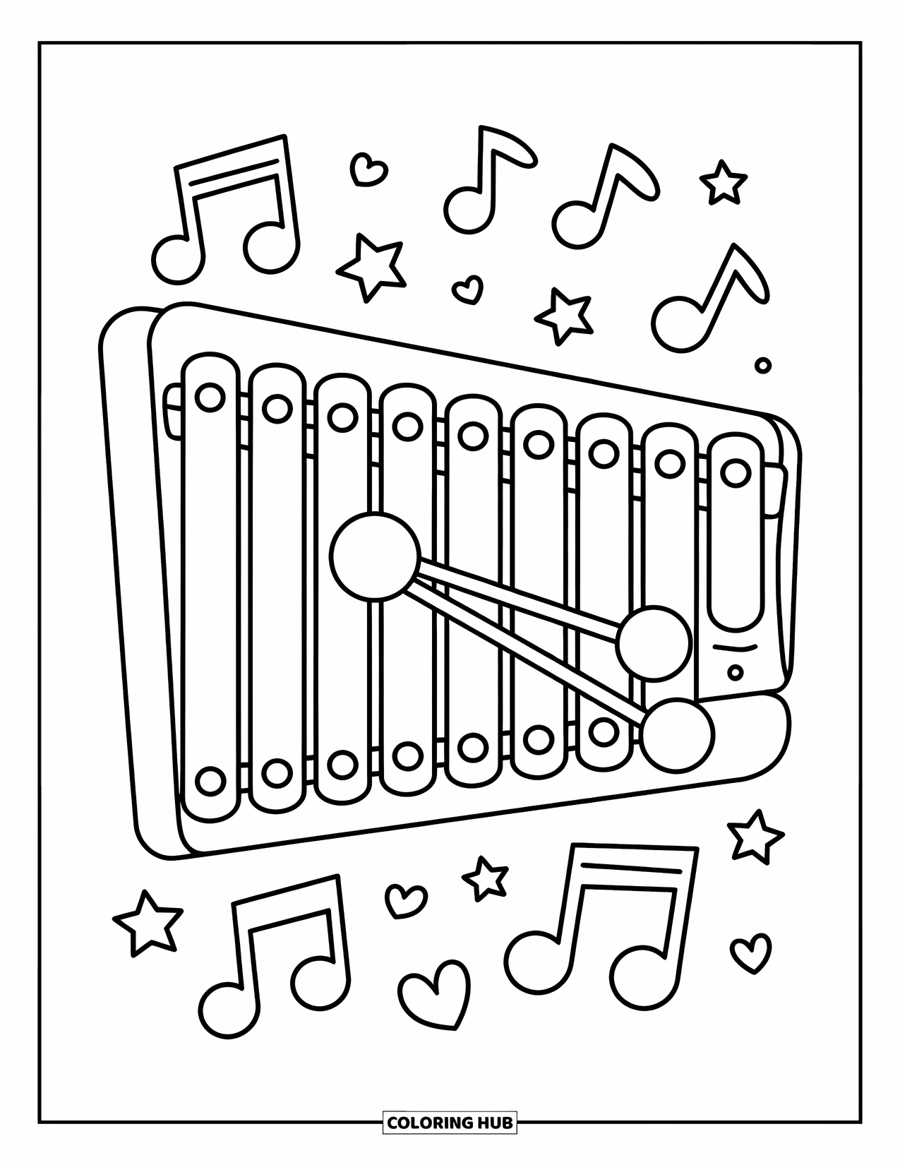 Desenho de Música para Colorir para Crianças: Xilofone com baquetas, estrelas, corações e notas divertidas espalhadas ao redor