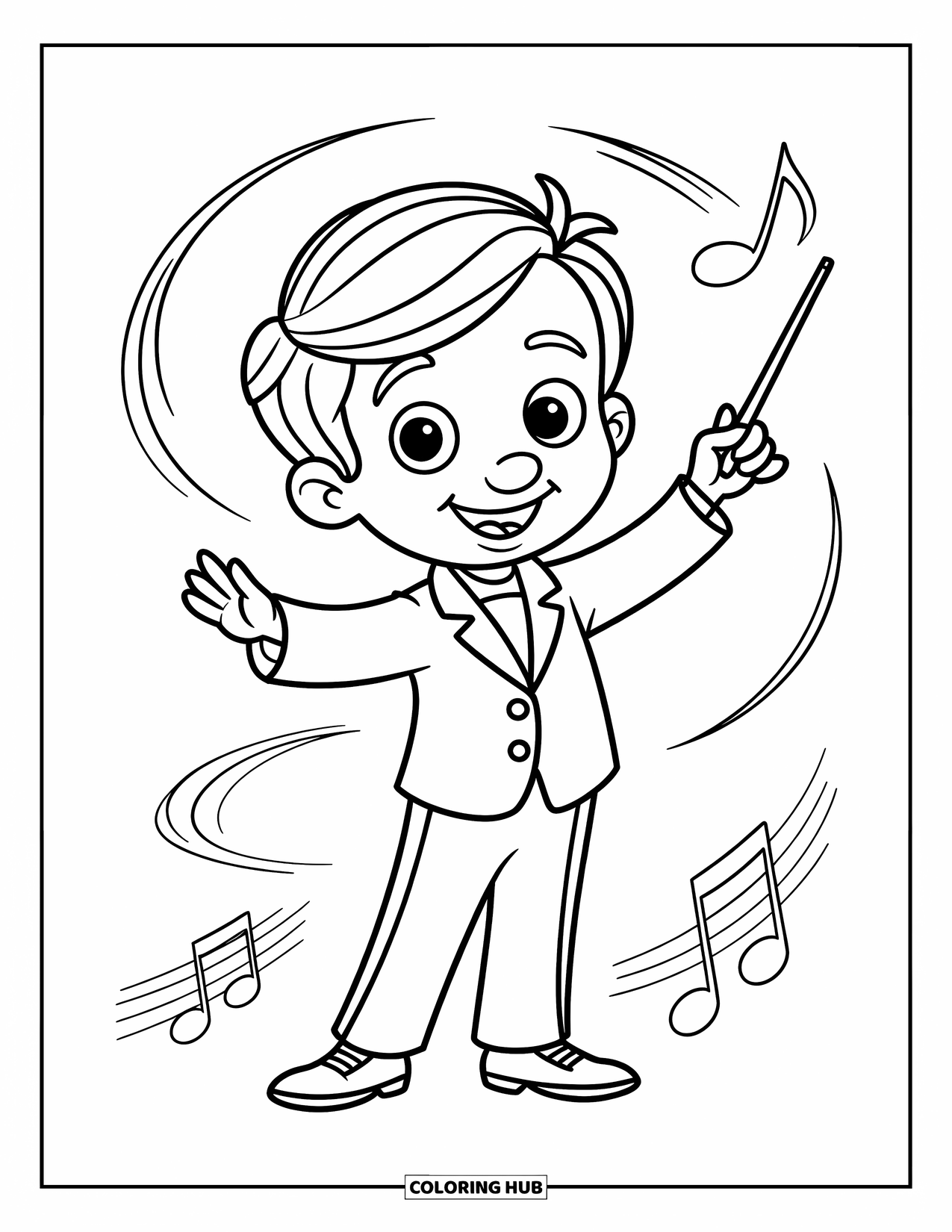 Desenho de Música para Colorir para Crianças: Jovem maestro de orquestra segurando uma batuta com movimento e linhas de música
