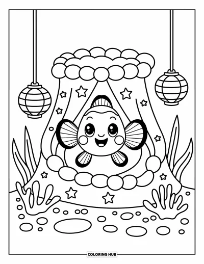 Coloriage d'océan pour adultes : Un poisson-clown joyeux apparaît depuis un refuge douillet d'anémone avec des lanternes de corail et des étoiles