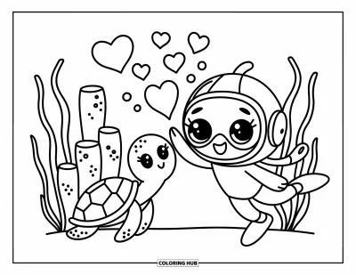 Coloriage d'océan pour adultes : Un plongeur joyeux tape dans la main d'une tortue près d'une tour de corail avec des bulles en cœur flottantes