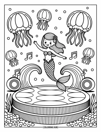 Coloriage d'océan pour adultes : Une sirène souriante anime une fête du récif avec des lanternes méduses flottantes et des notes de musique dansantes