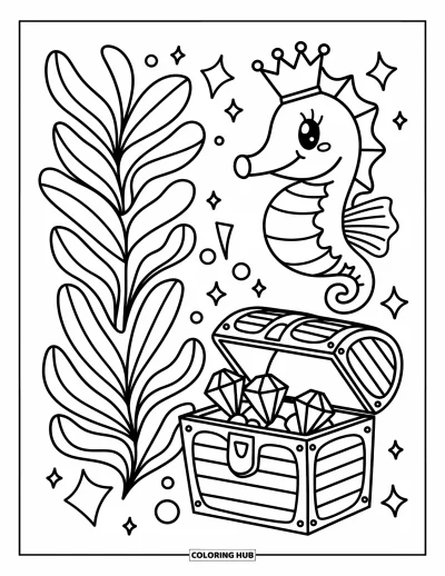 Coloriage d'océan pour adultes : Un hippocampe couronné dérive près de plantes marines musicales et d'un coffre débordant de gemmes pétillantes
