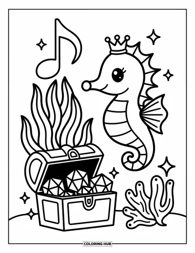 Coloriage d'océan pour adultes : Un hippocampe couronné flotte près de plantes marines musicales et d'un coffre qui laisse échapper des gemmes