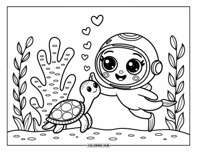 Coloriage d'océan pour adultes : Un plongeur adorable et une tortue se tapent dans la main sous l'eau pendant que des bulles en cœur flottent autour d'eux