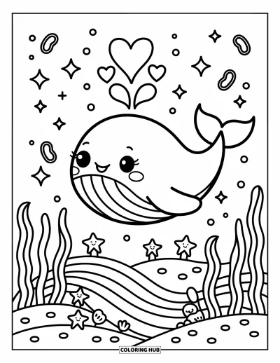 Coloriage d'océan pour adultes : Une baleine adorable souffle des bulles en cœur au-dessus d'étoiles de mer souriantes, de petits coquillages et d'un fond magique