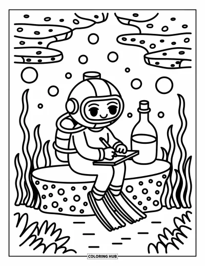 Coloriage d'océan pour adultes : Un plongeur se détend sur un banc de corail et écrit dans son journal près de bulles ludiques et d'une bouteille lumineuse