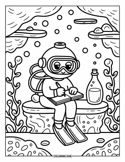 Coloriage d'océan pour adultes : Un plongeur écrit dans un journal sur un banc de corail, avec des lianes de bulles et une bouteille lumineuse à côté