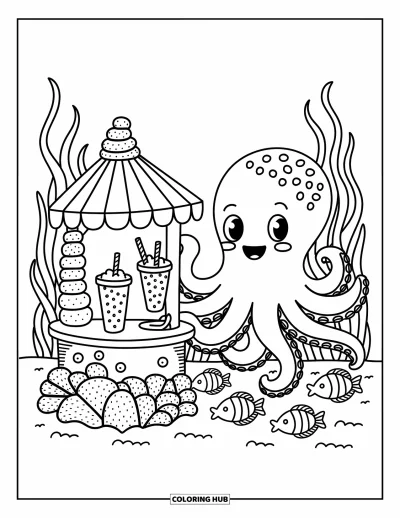 Coloriage d'océan pour adultes : Un poulpe amical sert des boissons d'algues depuis un kiosque de corail à une foule de poissons heureux