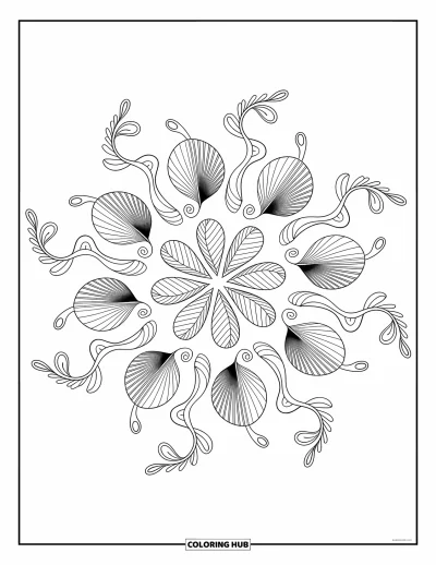 Coloriage d'océan pour adultes : Un mandala délicat de coquillages et d'algues s'étend vers l'extérieur avec de petites boucles apaisantes