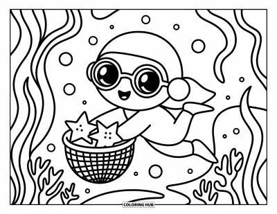 Coloriage d'océan pour adultes : Un plongeur heureux ramasse des coquillages en forme d'étoile dans un panier, entouré de clôtures de corail et d'algues