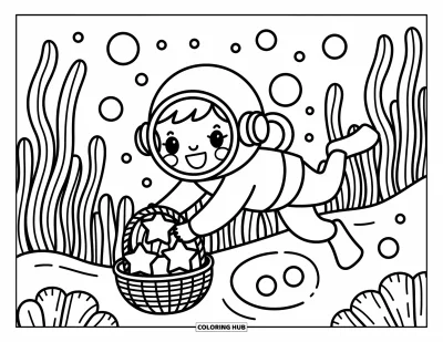 Coloriage d'océan pour adultes : Un plongeur heureux remplit un panier de coquillages étoilés près d'algues fluides et de clôtures de corail
