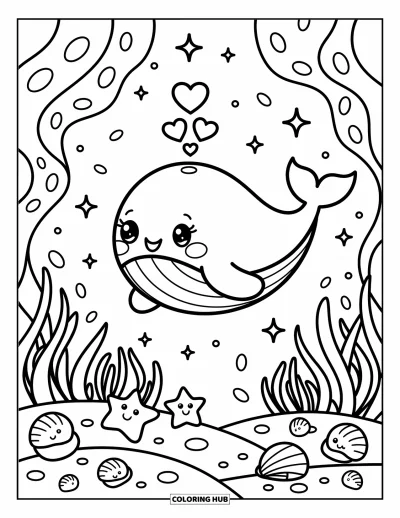 Coloriage d'océan pour adultes : Une baleine heureuse souffle des bulles en forme de cœur au-dessus d'étoiles de mer, de coquillages et d'un ciel scintillant