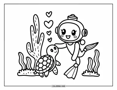 Coloriage d'océan pour adultes : Un plongeur joyeux et une tortue se tapent dans la main près du corail, entourés d'algues ludiques et de petits détails