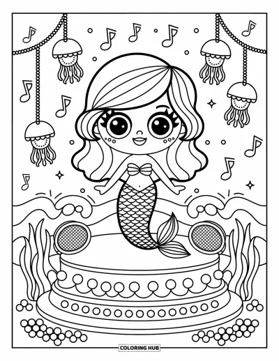 Coloriage d'océan pour adultes : Une sirène joyeuse danse sur une scène de corail entourée de lanternes méduses et de notes de musique pétillantes