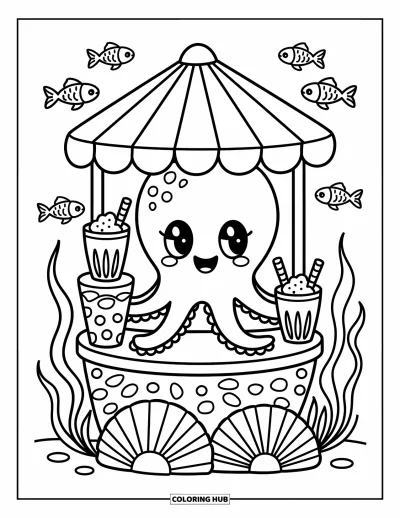 Coloriage d'océan pour adultes : Un poulpe joyeux tient un stand de smoothies en corail pendant que les poissons passent et que l'herbe marine se balance doucement