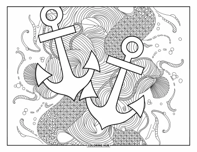 Coloriage d'océan pour adultes : Un mélange d'ancres, de nœuds et de coquillages remplit la feuille d'un charme inspiré de la mer