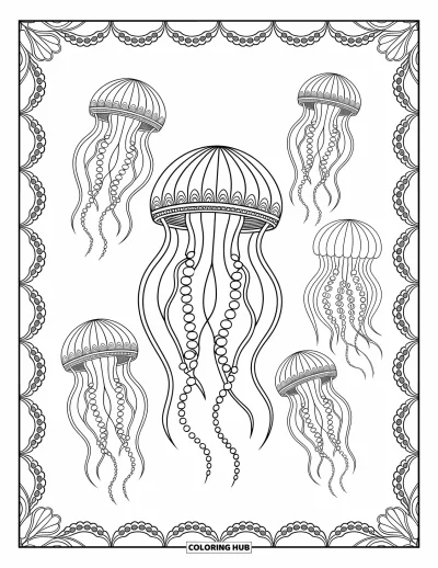 Coloriage d'océan pour adultes : Un groupe paisible de méduses se balance dans l'eau, entouré d'une bordure douce et détaillée