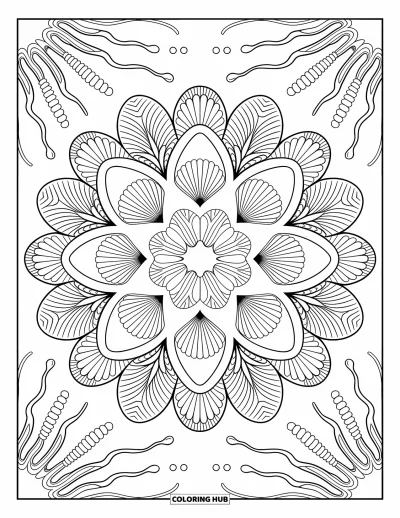 Coloriage d'océan pour adultes : Un mandala rond composé de coquillages, de volutes d'algues et de gouttelettes tourbillonne avec des détails apaisants