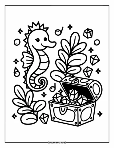 Coloriage d'océan pour adultes : Un hippocampe avec une couronne nage près de plantes musicales et d'un coffre au trésor rempli de gemmes