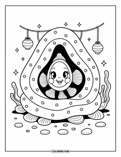 Coloriage d'océan pour adultes : Un poisson-clown souriant se cache dans un refuge d'anémone de mer, entouré de galets et de lanternes suspendues